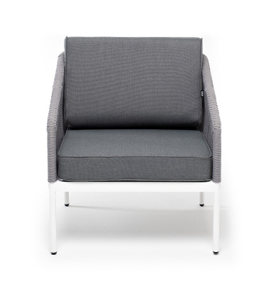 "Канны" кресло плетеное из роупа, каркас алюминий белый муар, роуп светло-серый круглый, ткань серая 017